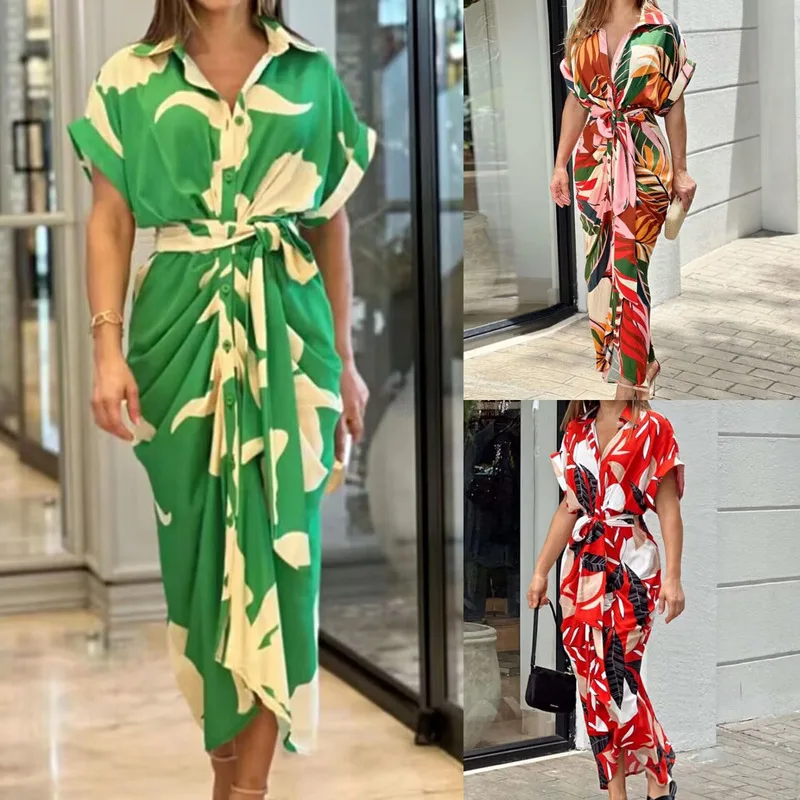 

2025 Summer New Women's Shirt Style Waist-Cinching Short Sleeve Turn-Down Collar Printed Holiday Long Dress