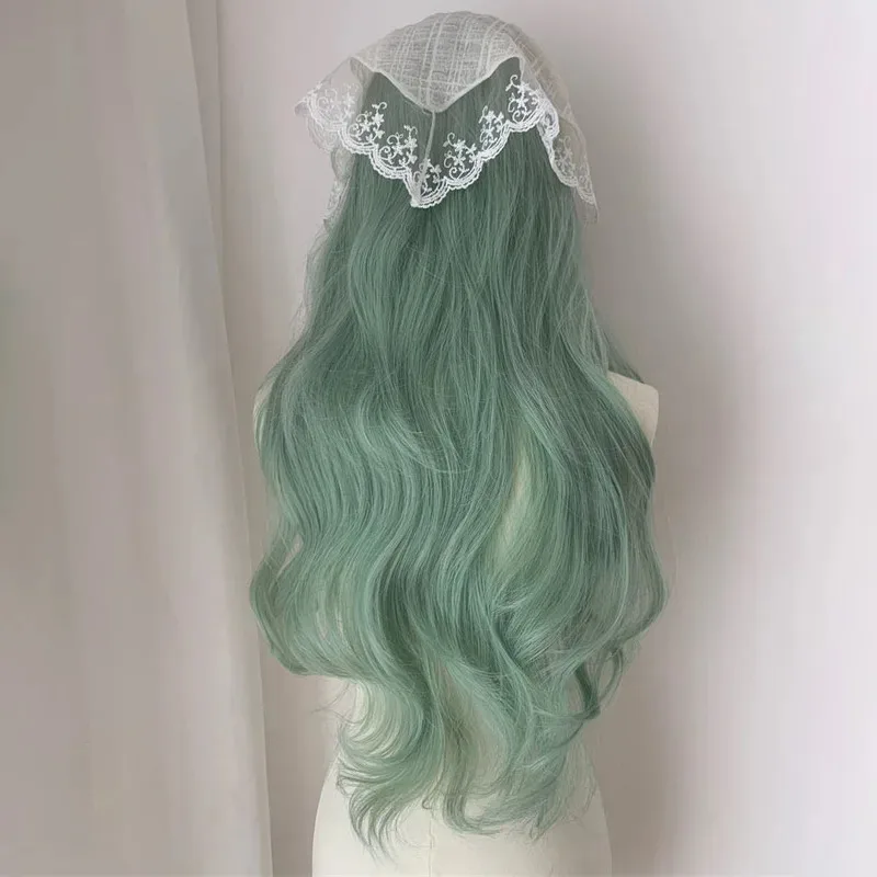 

Candy 2025Summer Simulation Elf Breathing Fresh Long Curly Hair Full Head Set Women's Mint Green Wig