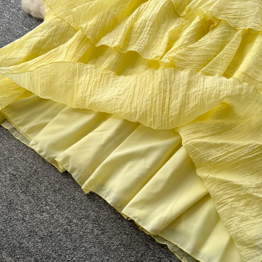 Chic vintage chiffon ruffle halter Ruched Elegant dress Fairy korean fashion Boho Sundress women clothing