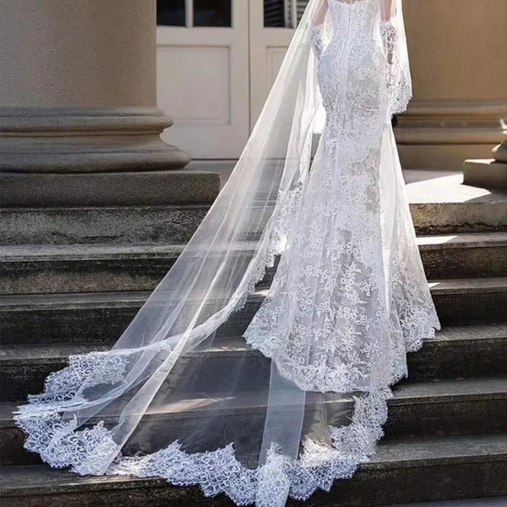 

Vintage Long 3M Bridal Veils Soft Tulle Lace Appliques Cathedral Length Wedding Party Decorations