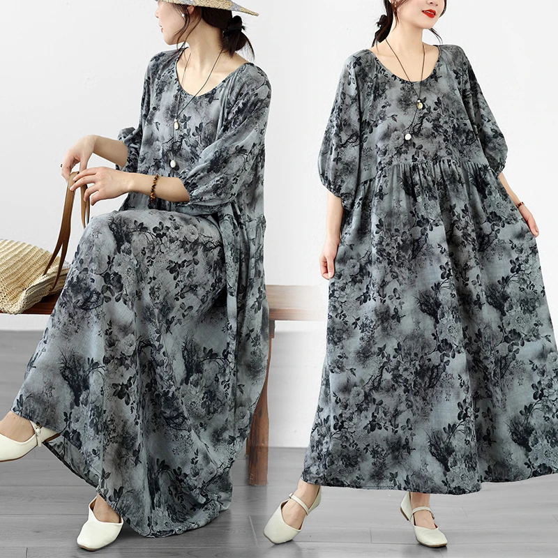 

New Summer Loose Cotton Linen Twist Artistic Style round Neck Lantern Sleeve Large Size Dress Women Thinming Citywalk Long Dress