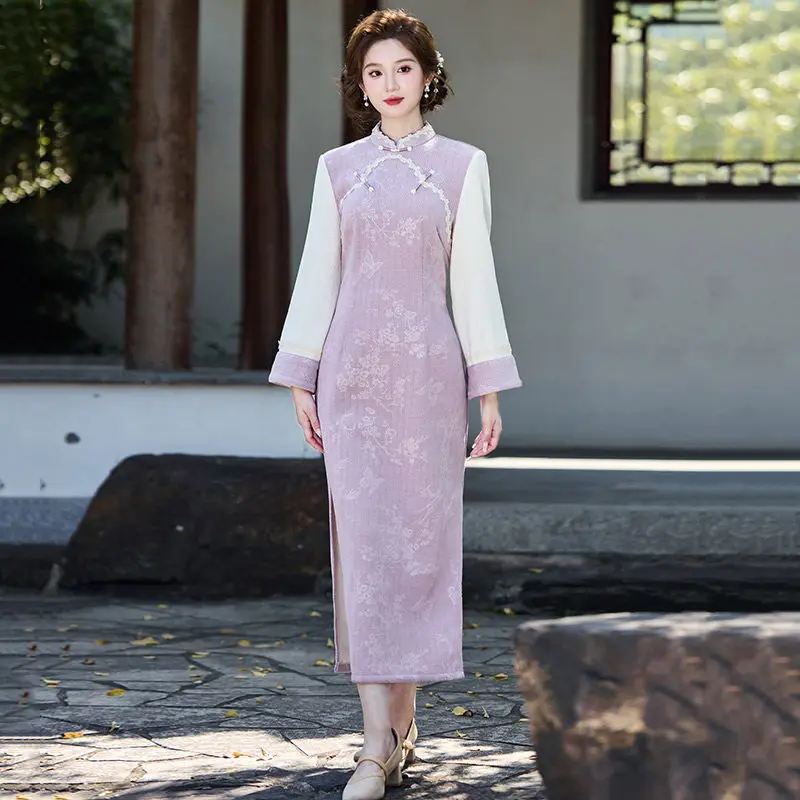 

Элегантное женское платье в китайском стиле: улучшенный чонсам, ханьфу, сексуальное традиционное платье с воротником-стойкой, длинное ципао