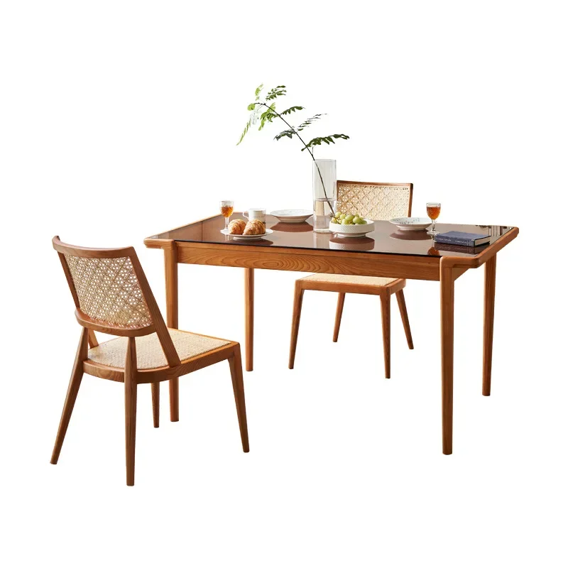 

New Chinese rattan ash wood dining table simple household dining table glass tabletop dining table