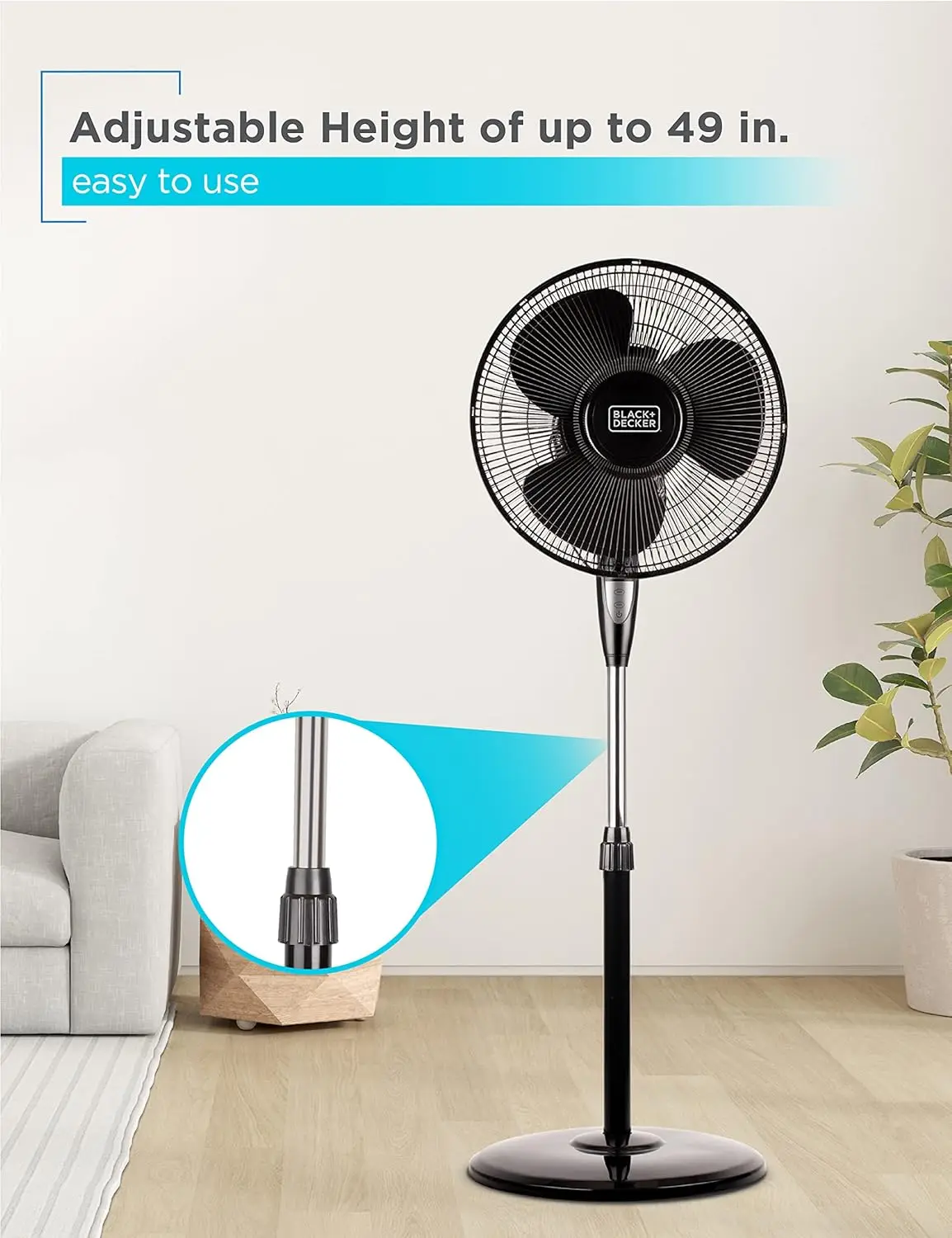 Altura ajustável Pedestal Fan com controle remoto e toque painel, Fan pé, 90 graus oscilante, configurações de 3 velocidades