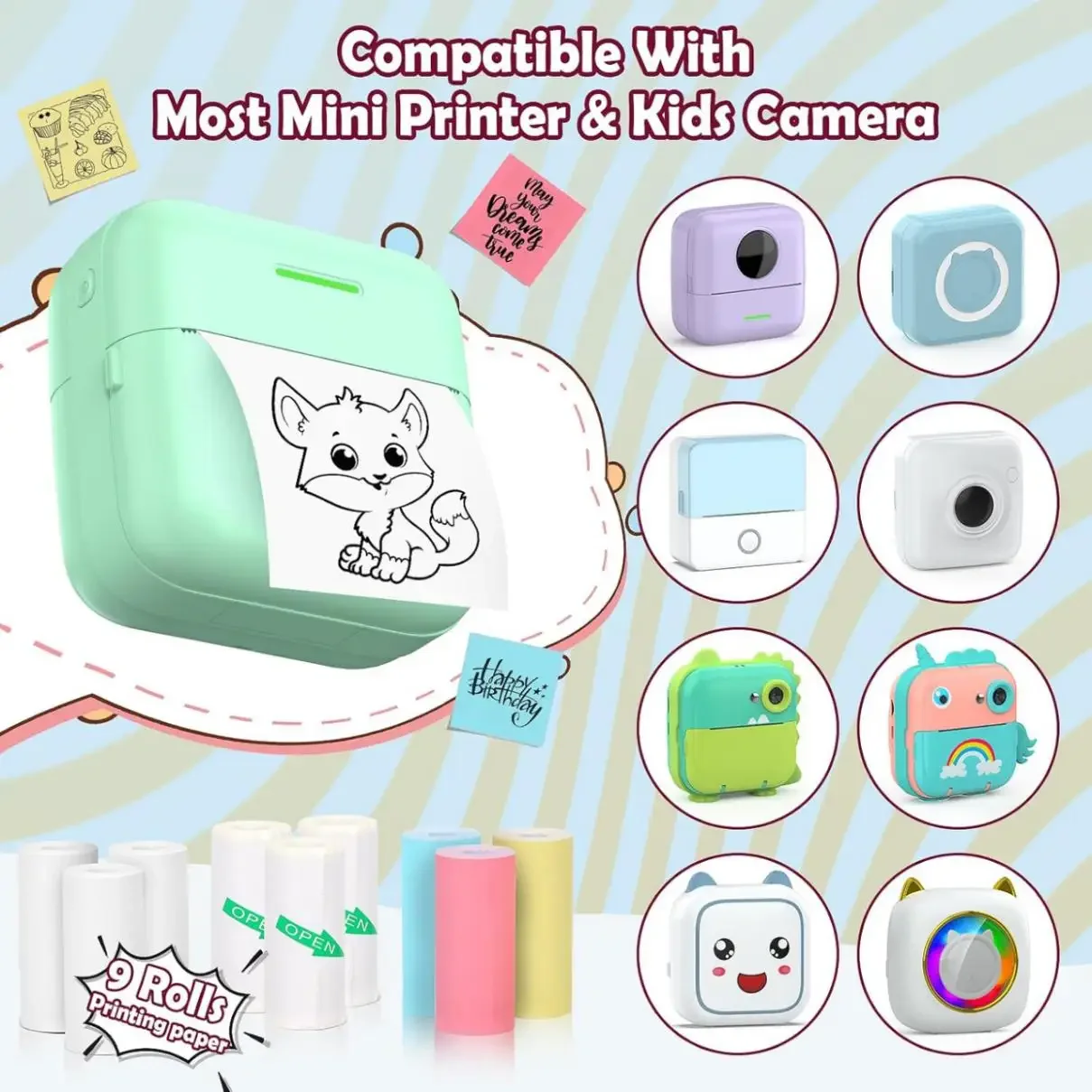 9 Rolls 57mm Mini Thermal Printer Paper Thermal Printer Sticker Paper for Sticker Photo Printer and Other Mini Pocket Printers