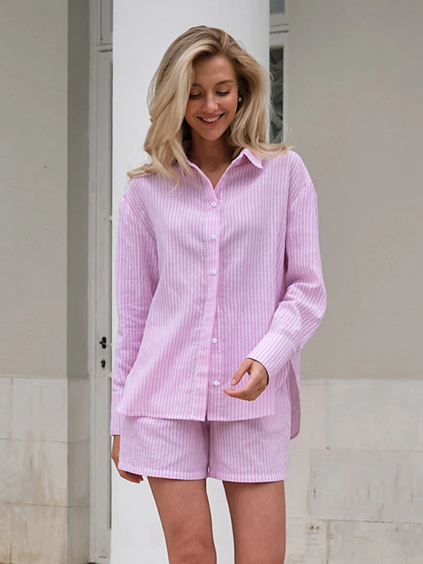 

Marthaqiqi Striped Women Sleepwear 2 Piece Set Long Sleeve Nightgown Turn-Down Collar Nightwear Shorts Causal Home Clothes Women