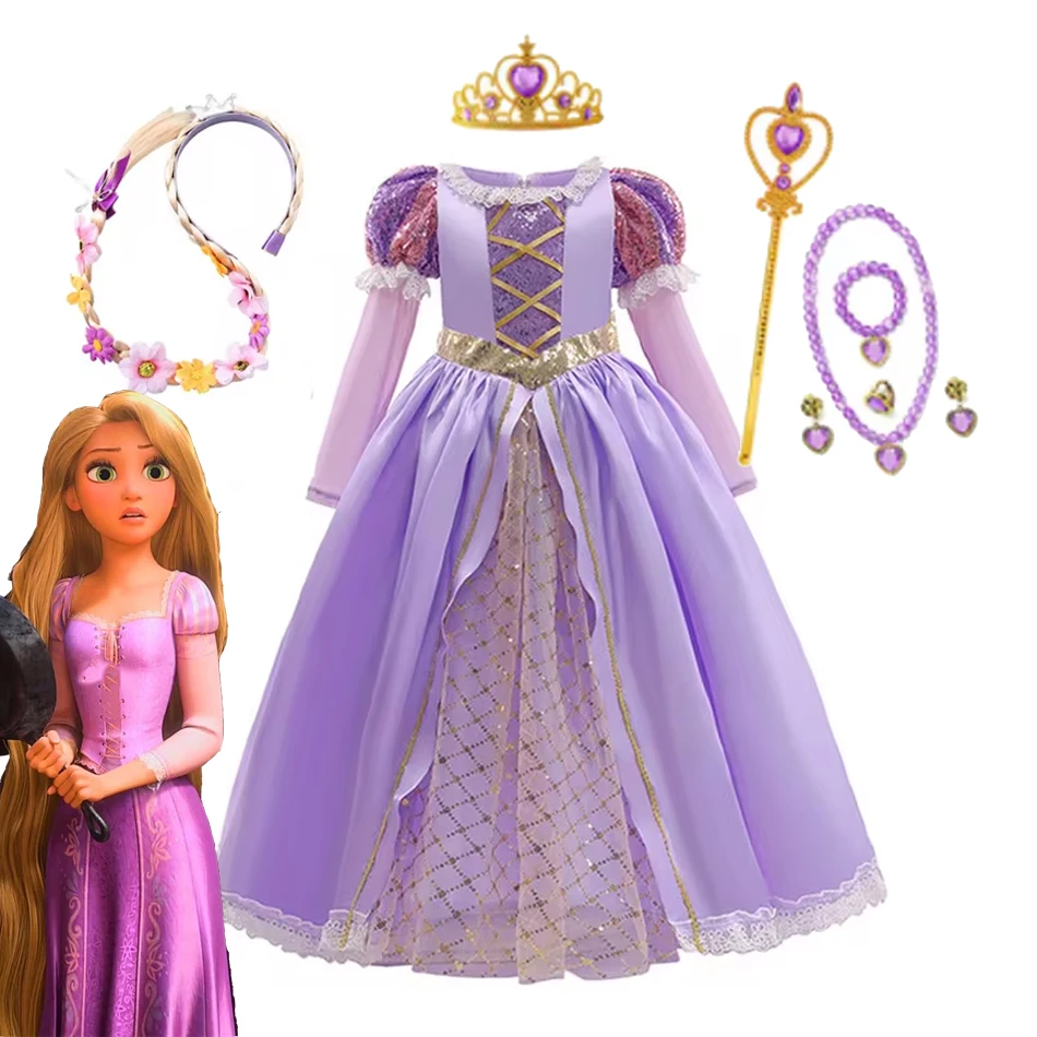 Girl Rapunzel Princess Dress for Kids Halloween Cosplay Tangled Costume Birthday Party Gifts Purple Sequins Mesh Bow Clothing