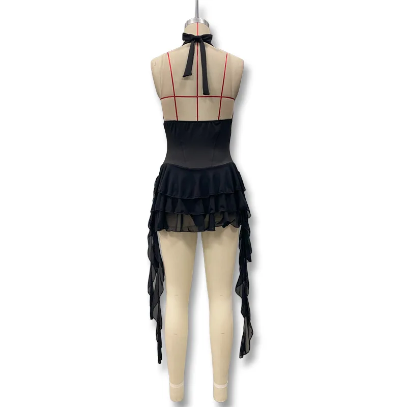 BKLD 2025 Letnia Nowość Seksowna i Pikantna Sukienka typu Romper z Koronkowym Wiązaniem na Szyi, Dekoltem w Serek, Odkrytymi Plecami, Falbankami i Łączonymi Elementami, na Ramiączkach, Kombinezon Jednoczęściowy, Odzież Damska