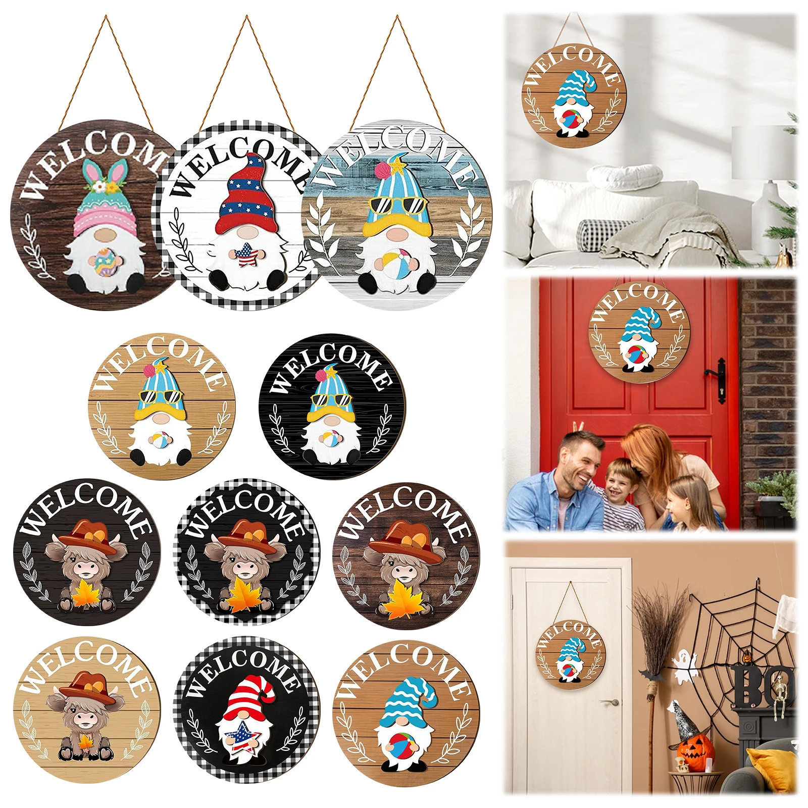 علامة ترحيب قابلة للتبديل مع قبعات مغناطيسية قابلة للإزالة، علامة خشبية قزم، لوحة تزيين خشبية إبداعية لديكور المنزل #5