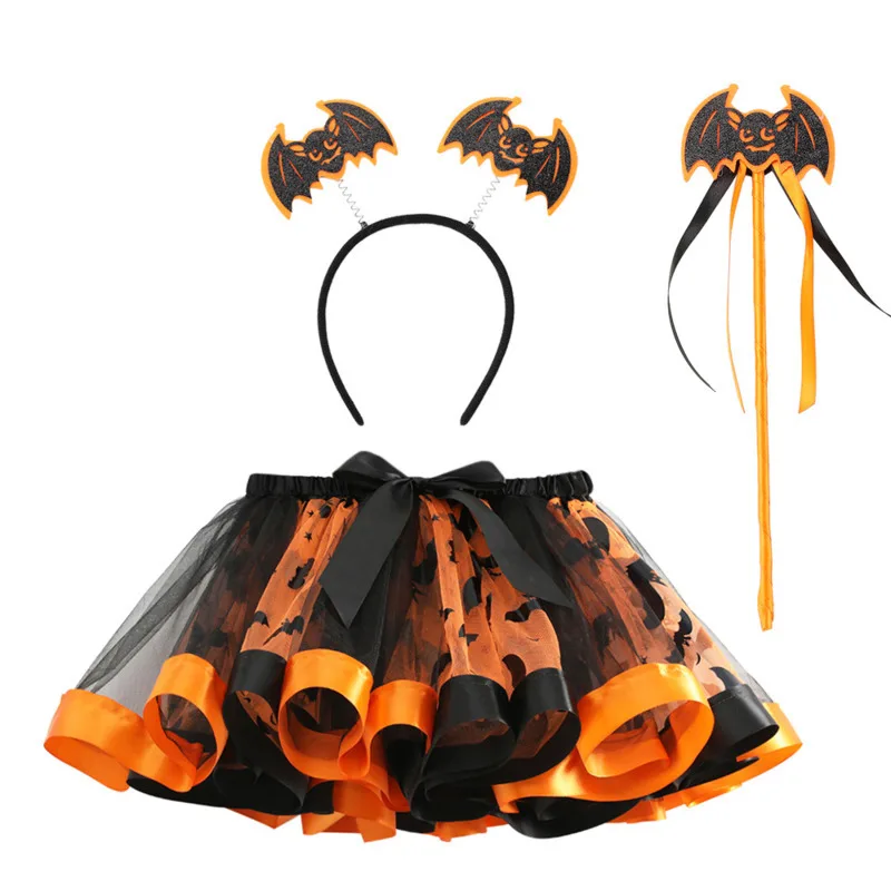 Nieuwe Halloween Gedrukt Mesh Rok Heksenhoed Bezem Gezwollen Rok Driedelige Set Voor Meisjes Cartoon Up Korte Rok Cadeaus voor Kinderen