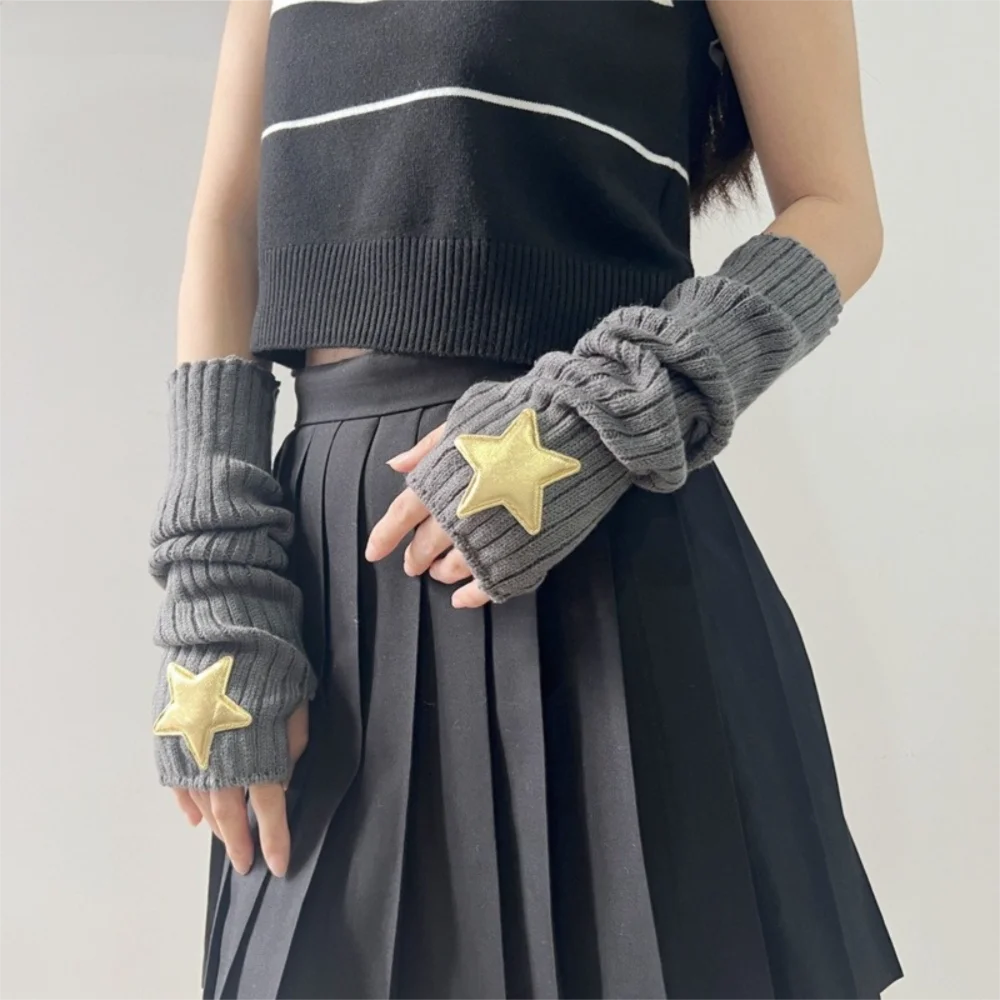 New Long Arm Warmer Gloves Cold Proof with Pentagram Patch Warm Arm Sleeve Knitted Fingerless Gloves Autumn Winter