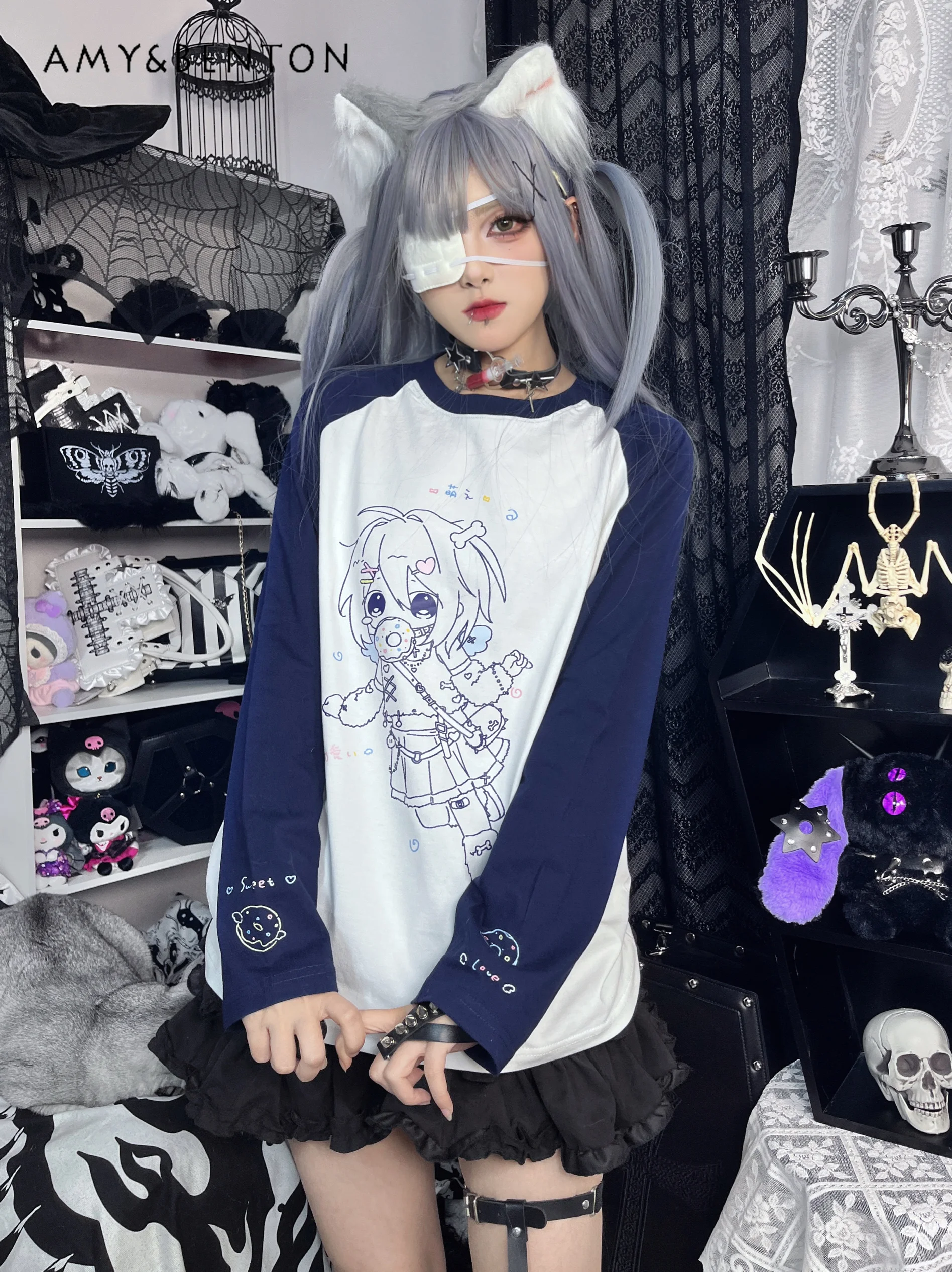 Original Sweet Cute Print Long Sleeve Goth Shirts for Women Spring New Japanese Kawaii Cotton Graphic T Shirts Oversized T Shirt