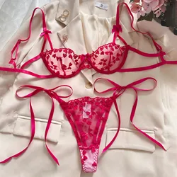 Conjunto de lencería bordada romántica para mujer, malla transparente con ropa interior con aros, disfraces de talla grande