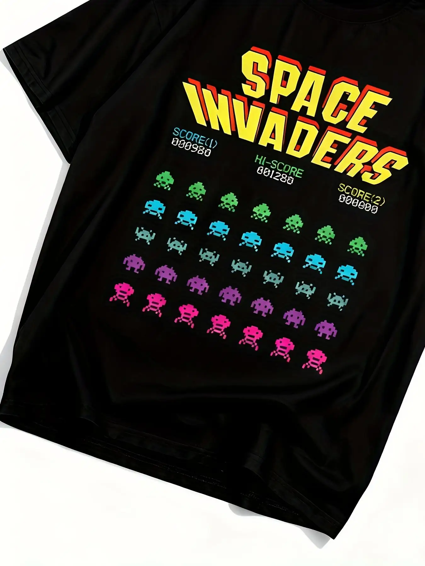Men's Retro 80s Arcade Game T-Shirt, Space Invaders Design, Plus Size, Casual Crew Neck Short Sleeve, Nostalgic Game Appearance
