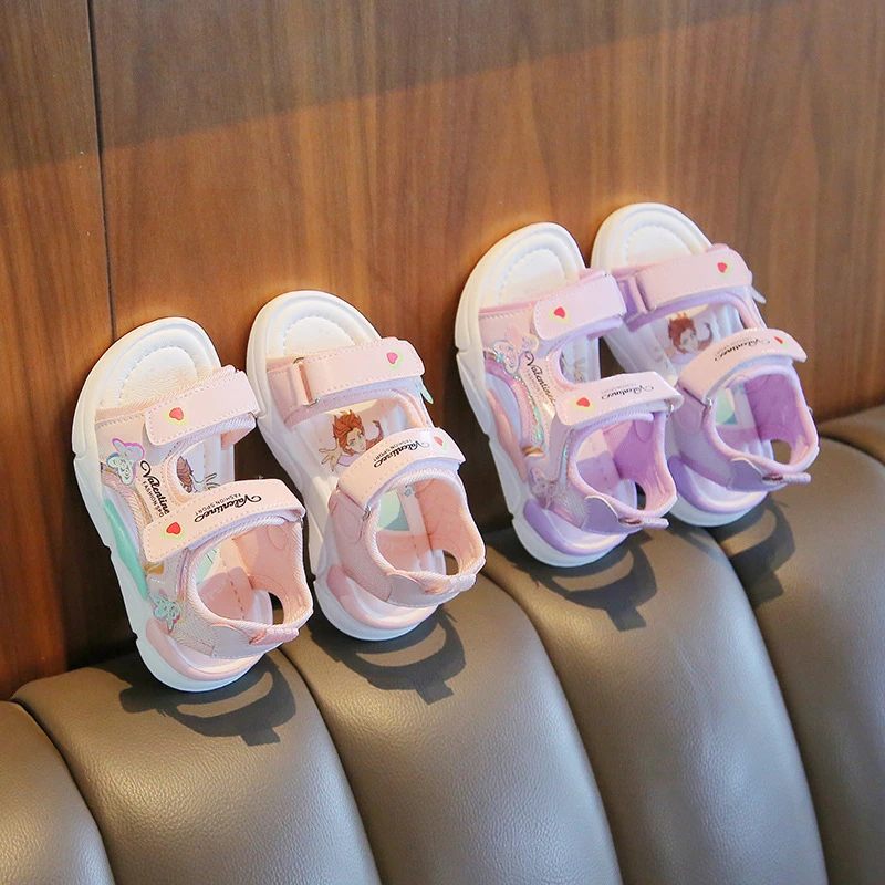 Kids Princess Sandals For Girls Summer Open Toe Sandals Cartoon Print Hook And Loop Strap Lightweight Non Slip Casual Sports
