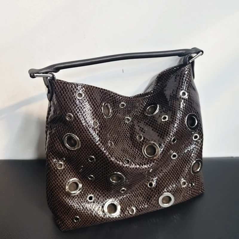 

Leather Small Bags For Women Luxury Designer Handbags Purses 2026 New In Cowhide Python Pattern Rivet Hollow Top Handle Shoulder