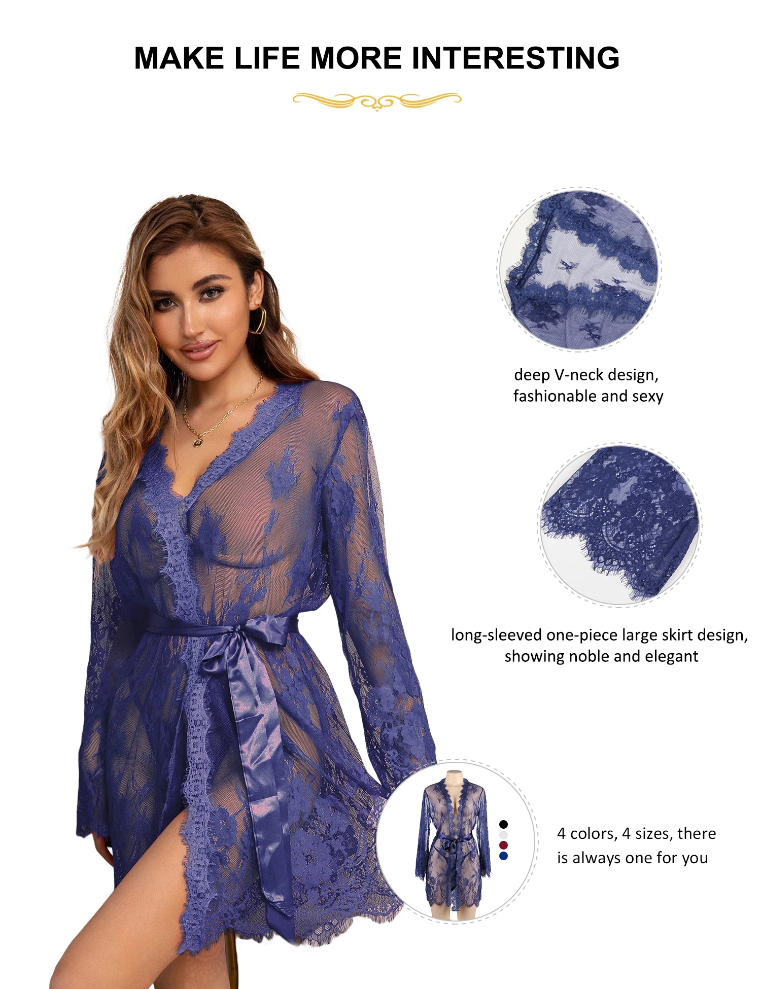 5xl 6xl Blue Kimono Femme Lace Robe Transparent Dress Plus Size Clothing Sexy Peignoirs For Women Nightie Long Sleeve Nightgowns