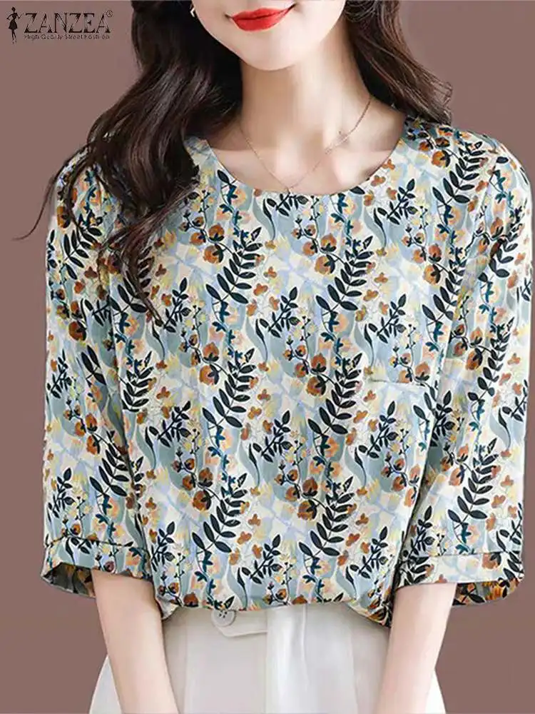 Zanzea 2024 Sommer Halbarm T-Shirt Frauen Blumen druck Bluse koreanisches Büro Rundhals ausschnitt Basic Tunika lässig lose Tops übergroß