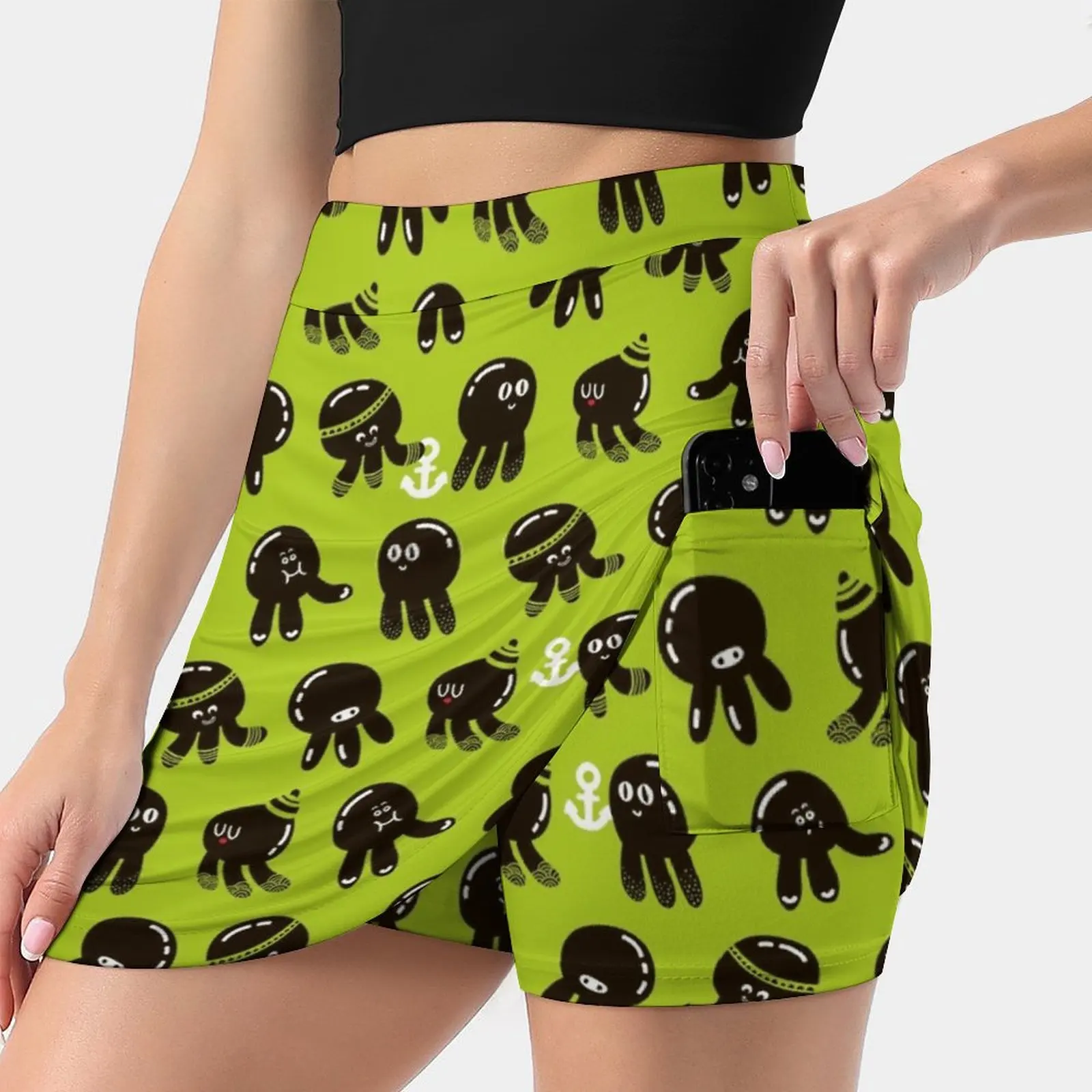 Black Cute Octopuses Women's skirt Mini Skirts A Line Skirt With Hide Pocket Anchor Animal Aquarium Aquatic Arms Biology Black