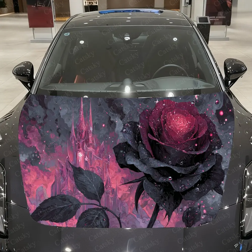 

Dark Purple Rose Castle Car Vinyl Wrap, PVC Material Waterproof Car Hood Sticker, Self-Adhesive Scratch-Resistant Stickers for E