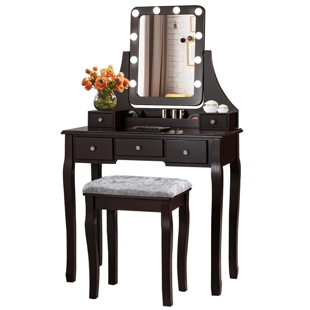 Vanity Table Set w/ Mirror & Stool, Makeup Table w/ LED Bulbs, Bedroom Dressing Table w/ Drawers & Organizer, Brown, Customized