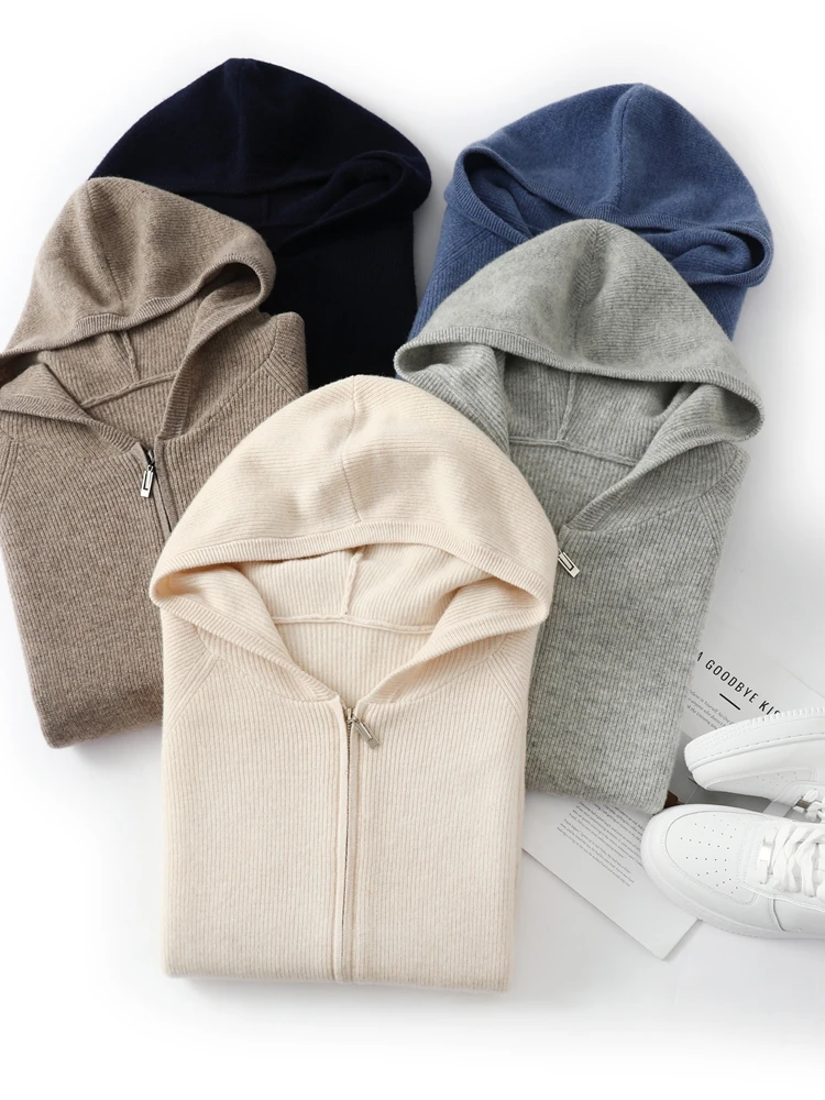 High Quality Fashion Spring Autumn Cashmere  Sweater 100% Merino Wool Cardigan Hoodies  Knitwear Clothing Tops