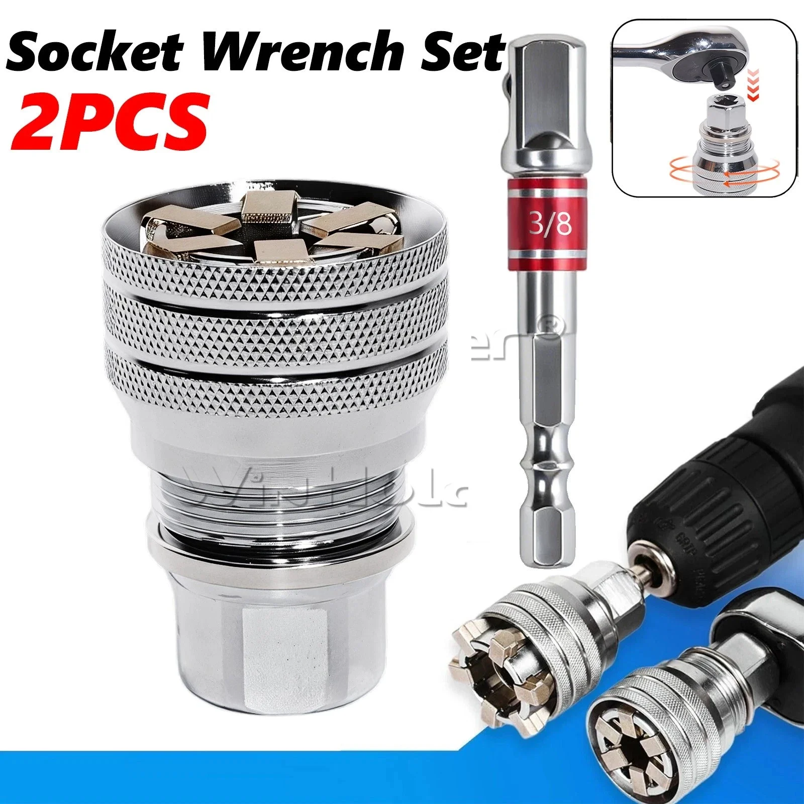 2Pcs Universal Socket Wrench Tool 3/8" Drive Adjustable Multifunction Sleeve Adapter Kit Slim Design Stores Easily In Toolboxes. Fits Tight Areas Around Engines, Plumbing Fixtures, Or Machinery