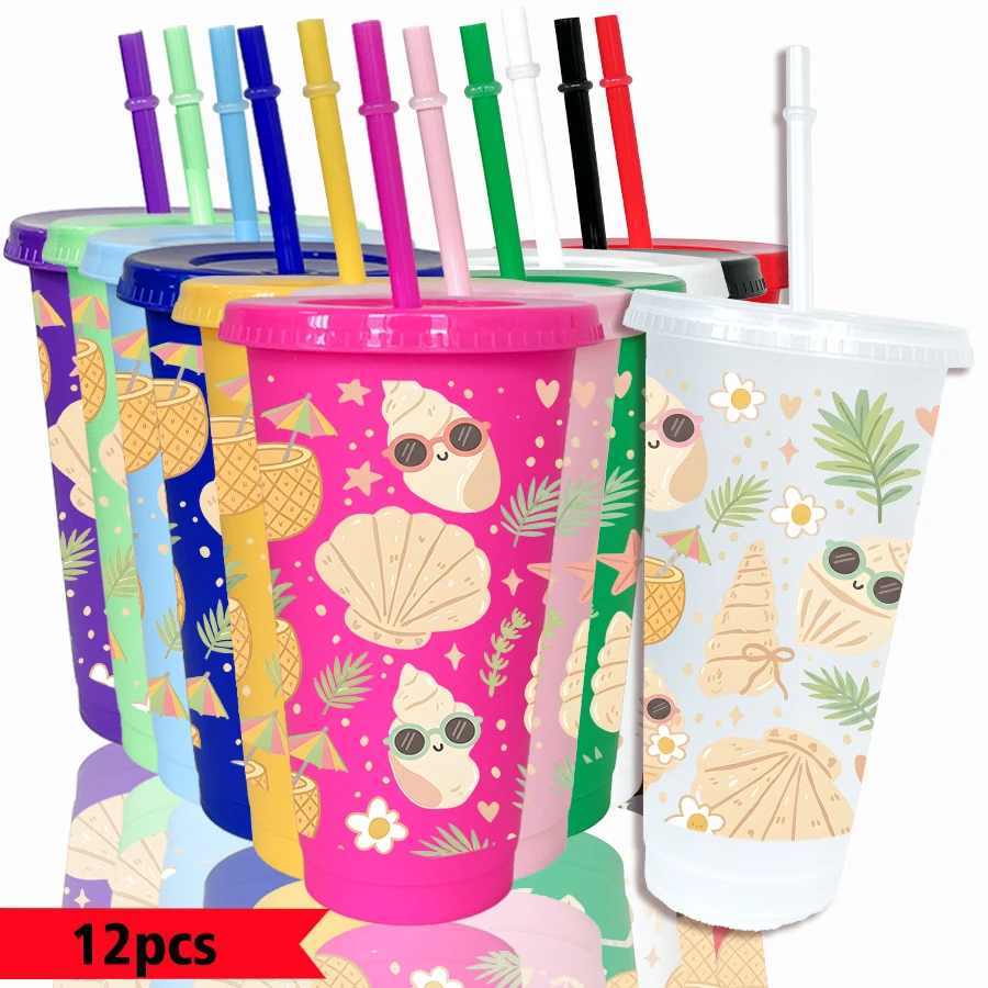 12pcs/pack Shells Plants Sunglasses Pattern 26oz Colored Plastic Party Cold Cups for Back-to-school Birthday Gifts