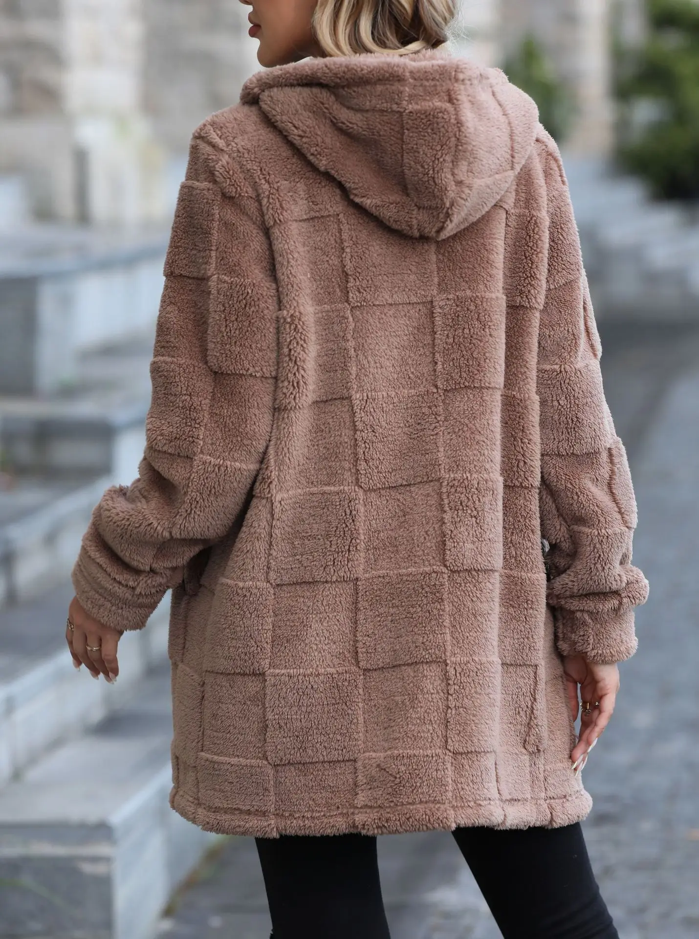 Autumn Winter Women Loose Long Hooded Fleece Jacket Zip Up Plaid Texture Warm Teddy Coat Casual Outerwear