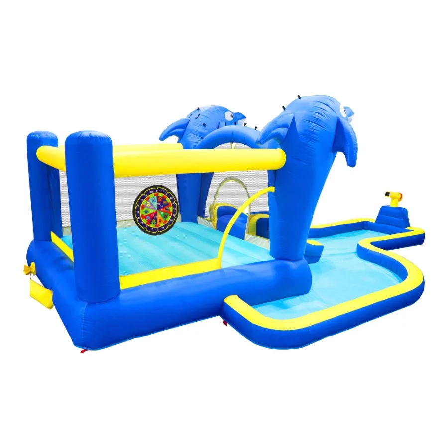 Trampoline gonflable 6 en 1 pour parc aquatique, maison rebondissante, jardin extérieur avec arroseur de dauphin, jeux de cible, panier de pistolet à eau