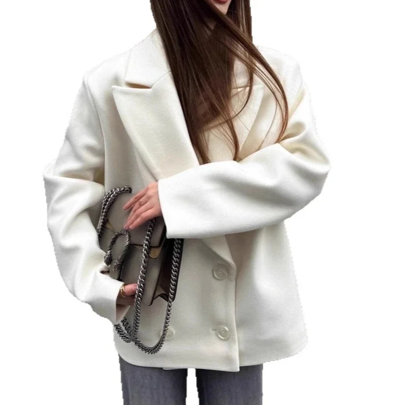 

French Style Tweed Coat Women's Beige Double Breasted Notched Lapel Oversized Mid-Length Blazer Winter Classic Outerwear