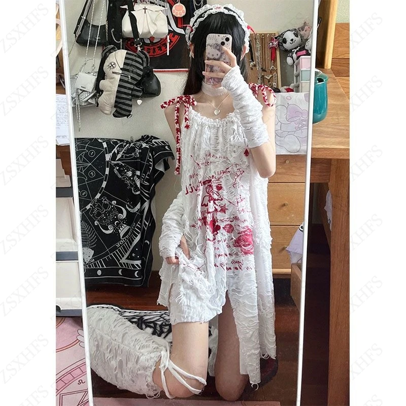 Harajuku Dresses Summer Women Clothing Lace Angle Drawstring Loose Kawaii Cute Girl Dress Sleeveless Sexy Korea Y2k Long Dresses