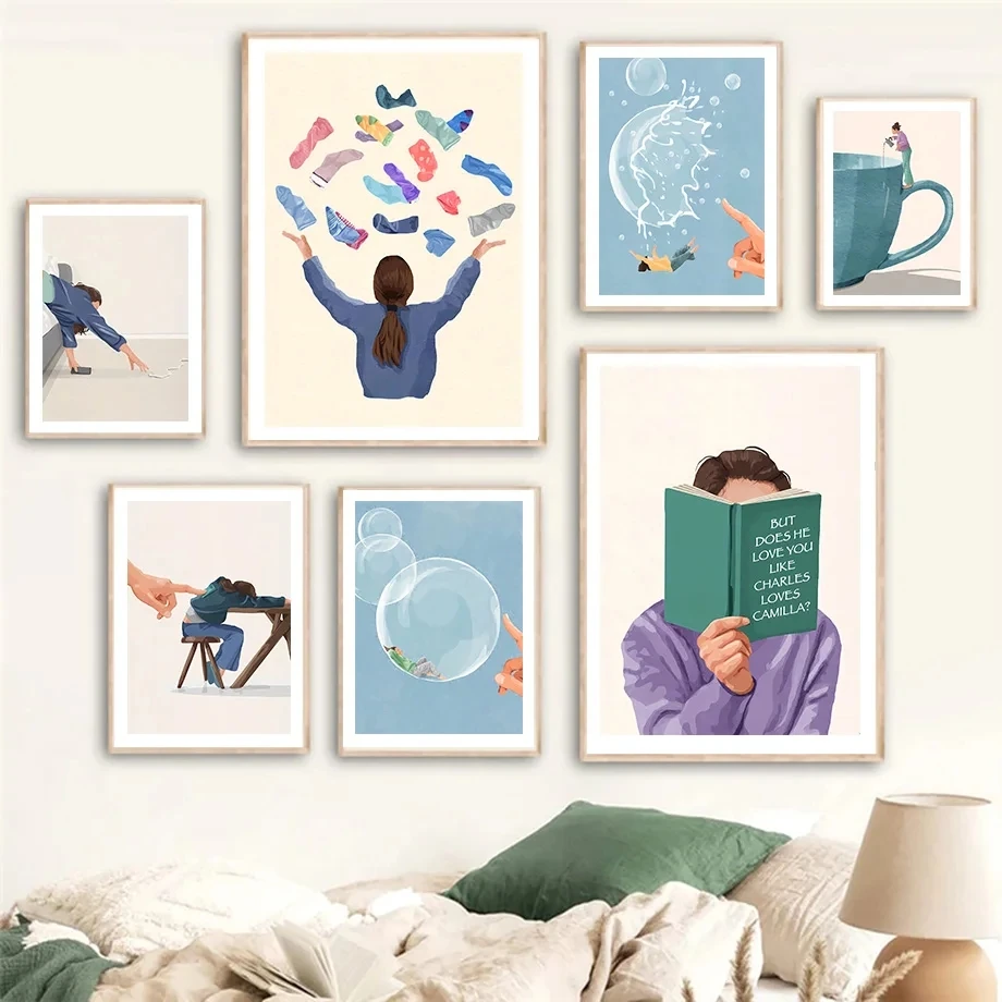Minimalist Daily Life Wall Art Canvas Painting Girl Read Book Balloon Posters Prints Cup Abstract Pictures For Living Room De