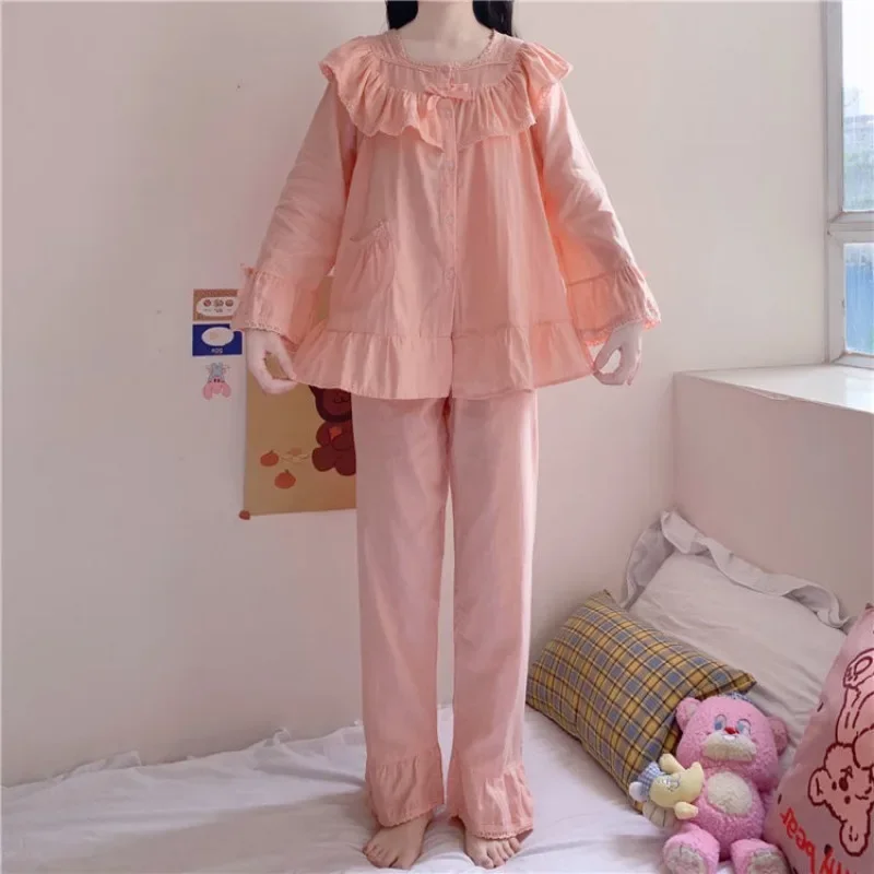 Series Sweet Princess Cute Long-sleeved Trousers Solid Color Loungewear Two-piece Suit Pajamas Female Spring and Autumn Japanese