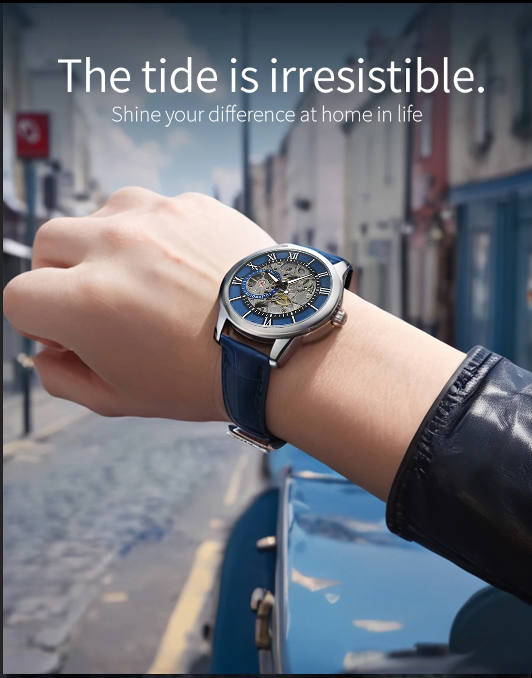 Herren-Automatikuhr, Luxuriöse Mechanische Uhr mit Römischen Ziffern, Wasserdicht, Skelett-Design, Nachleuchtend, Lederarmband, Herrenuhr, Ideal als Geschenk – Detail 3