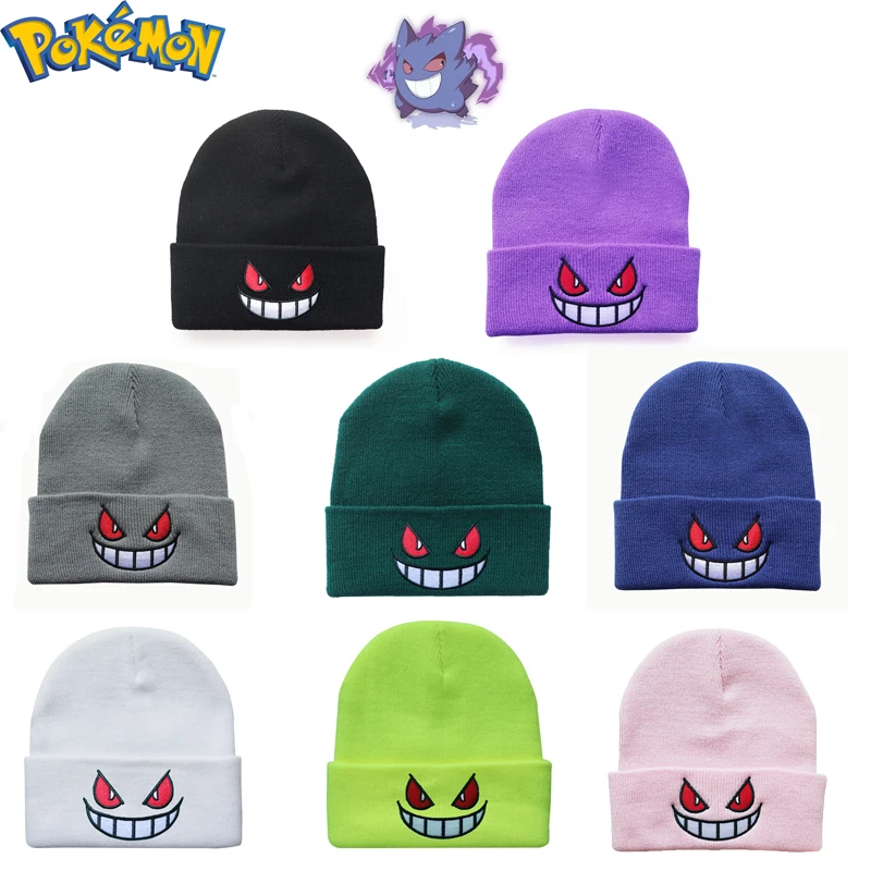 

Pokemon Anime Figures Gengar Smiling Face Acrylic Embroidery Knitted Hat Pullover To Keep Warm Autumn and Winter Birthday Gifts