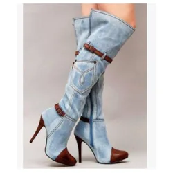 Botas Over The Knee Women Boots Autumn Winter Denim High Heels Ladies Shoes Sexy Buckle Strap Platform Long Boot Thigh High Boot