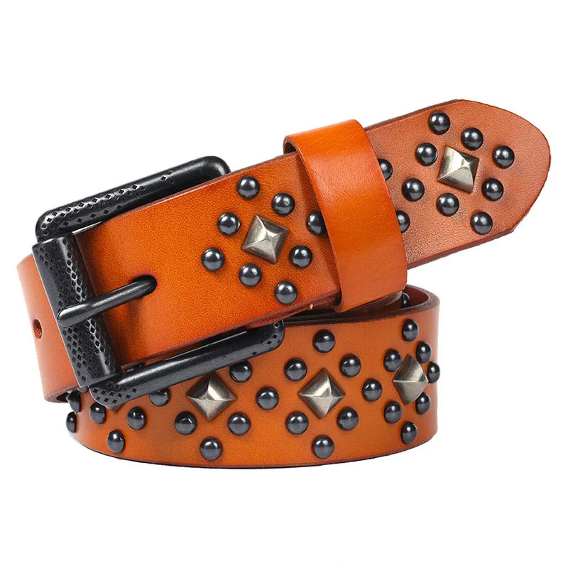 men's fashion rivets belt genuine leather studded belts punk hip hop strapon women pin buckle waistband designer cool sash leash