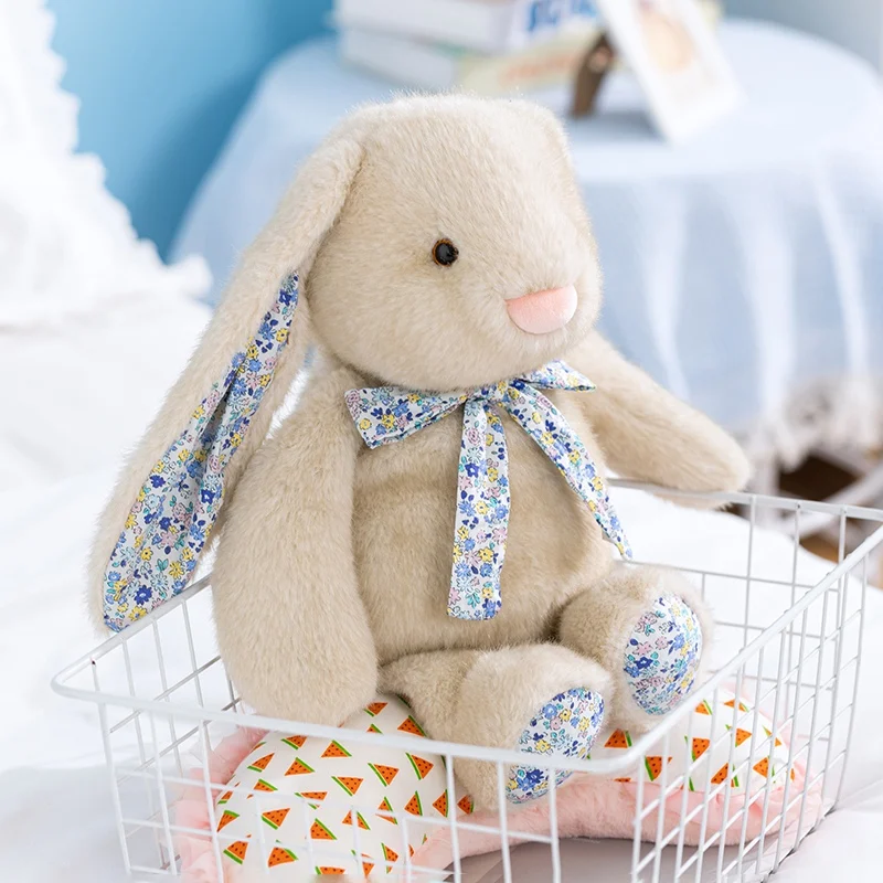 Adorable Stuffed Rabbit Cream With Floral Print Ears And Bow Tie Kawaii Plush Bunny Cuddle Pillow Bedroom Sweet Wonderful