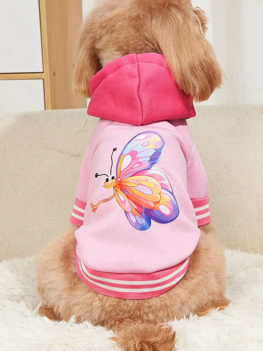 Pet clothes dog cat jacket warm and comfortable clothes with butterfly print pink new style