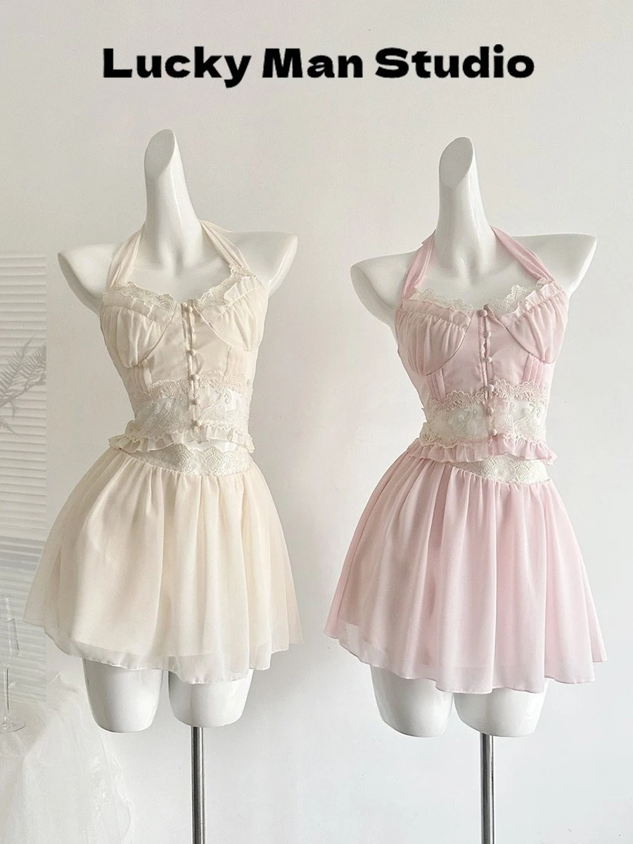 

Deep V Lace Trim Splice Half Skirt Set Women's Two Color Hanging Necklace Floral Pattern Casual Style Summer Fashion Suit