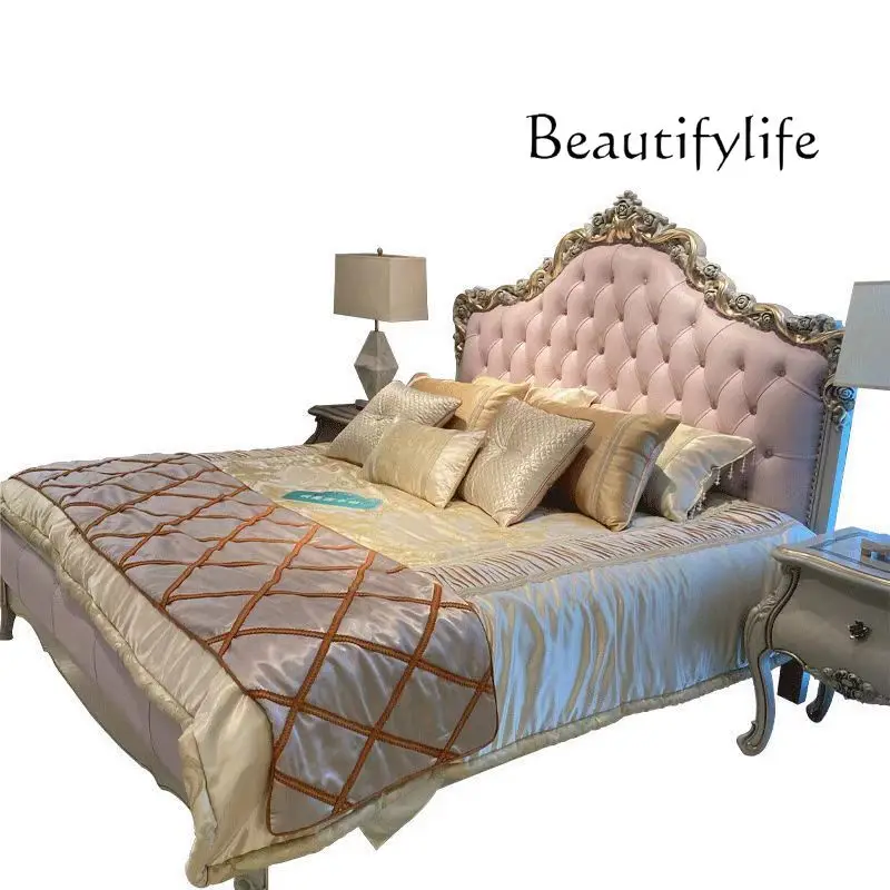 

French solid wood carving flower fabric bed princess double bed 1.8 meters light luxury wedding bed