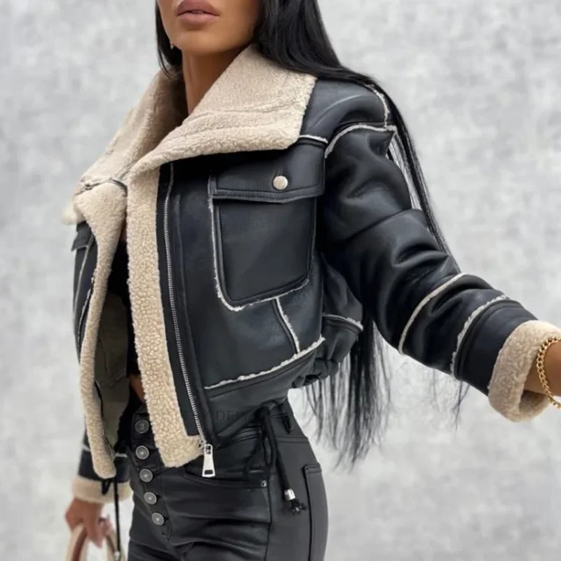 Faux Leather Jackets Women PU Short Thick Warm Black Outwear Female Aviator Retro Lapel Velvet Coat New Year Winter Tops