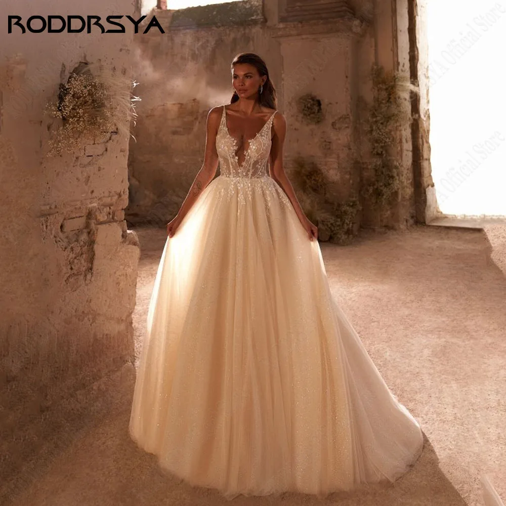 RODRSYA Boho Vestido de Noiva Sem Mangas Para Noiva Backless A Linha Tulle V-NeRODDRSYA Boho Vestido De Noiva Sem Mangas Para A Noiva Backless A Line Tulle V-Neck Applique Vestidos De Novia Custom Made Vestido De Noiva