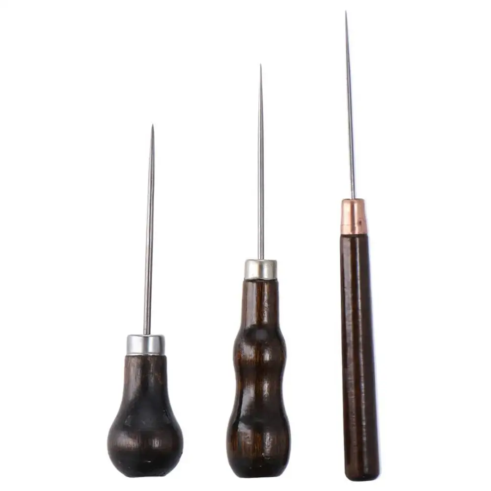 3Pcs Wooden Handle Scratch Awl Tool,Leather Punch Hole Craft,Sewing Awl Leather Craft Repair Tools