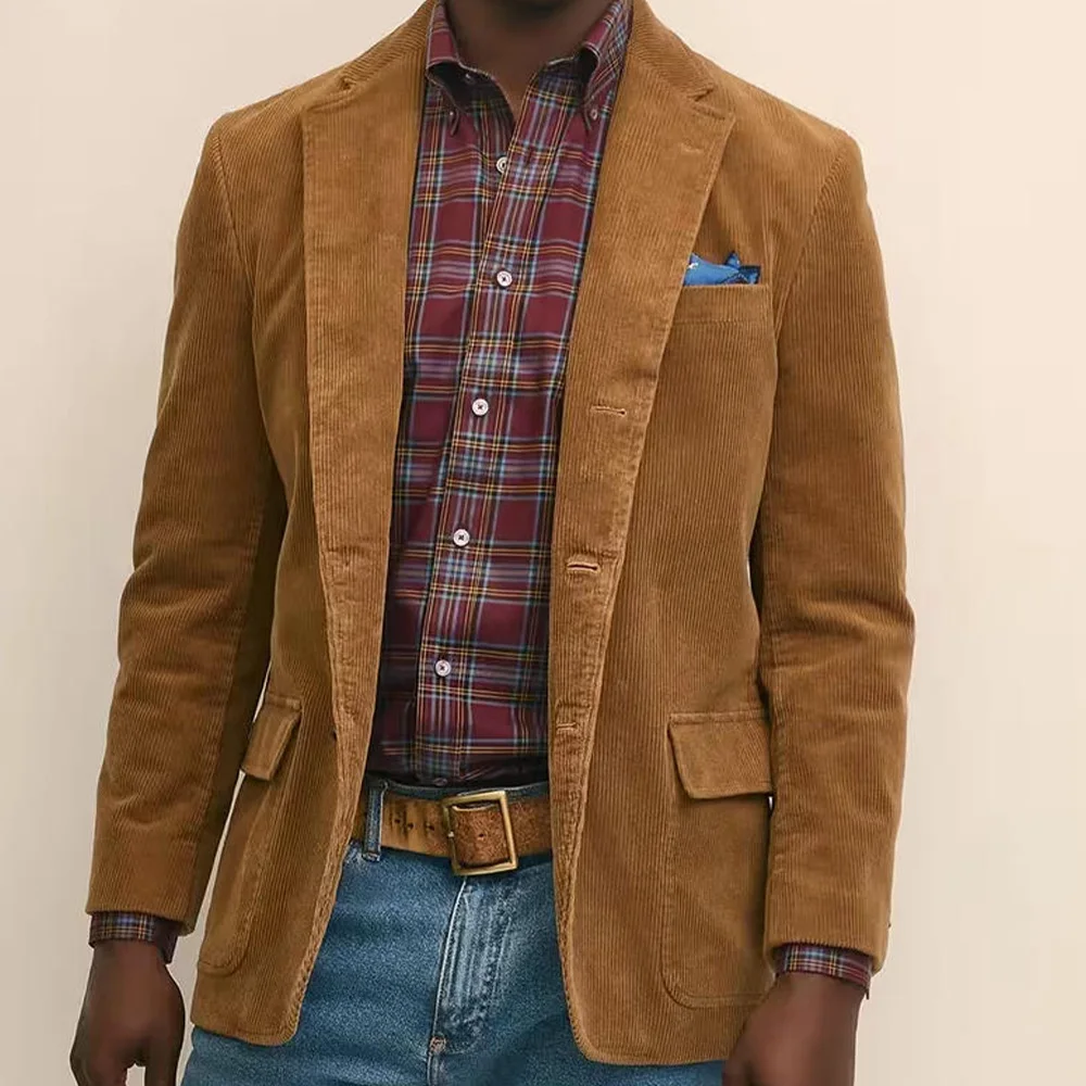 

Mens Corduroy Blazer Jacket Single Breasted Blend Fabric Notched Lapel Comfort Breathable Business Casual Suit Outerwear Coat