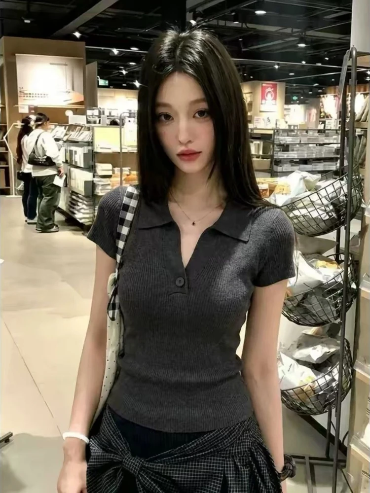 Women's 2026 Summer Old Money Coffee Brown Polo Collar Knit Short Sleeve Top Slim Fit Elegant Korean Chic Vintage