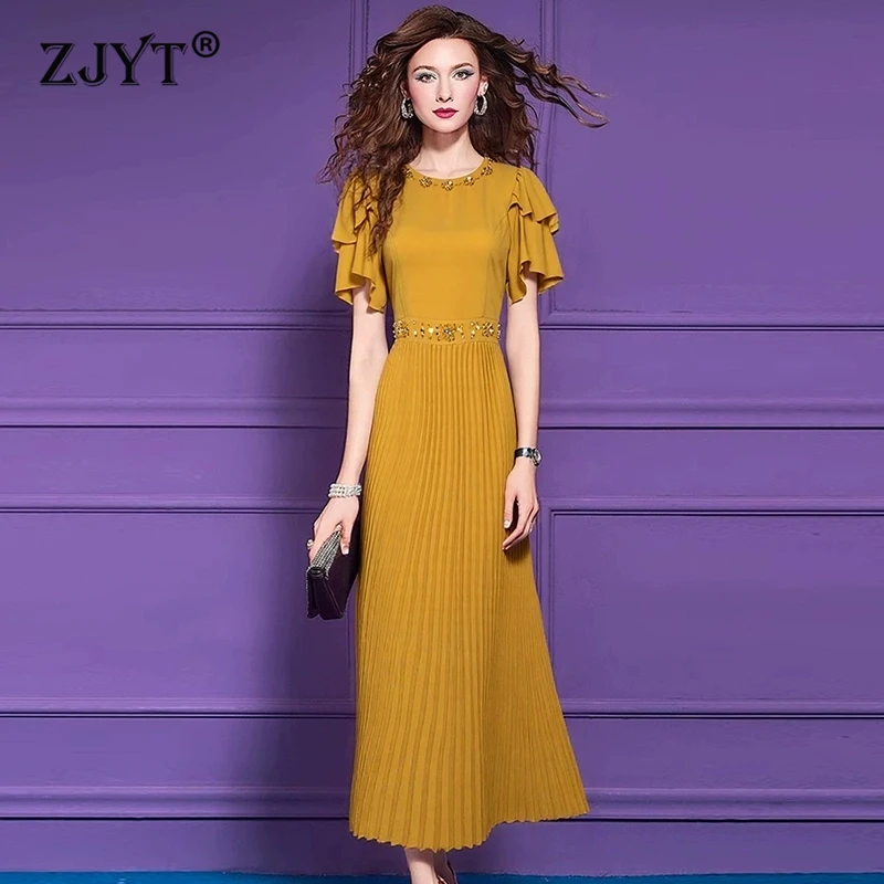 

ZJYT Elegant Luxury Beading Pleated Long Maxi Dresses for Women Summer 2025 New Short Sleeve Evening Party Dress Female Vestido
