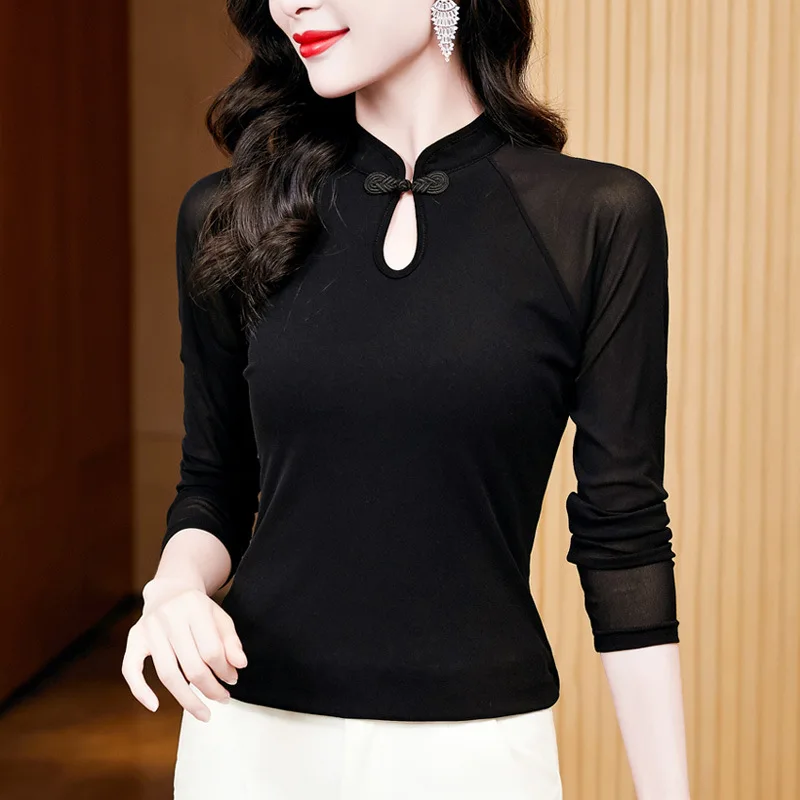 

Одежда для латинских бальных танцев в китайском стиле, черная облегающая сетчатая футболка с длинными рукавами, Новое поступление лета, универсальный топ для женщин