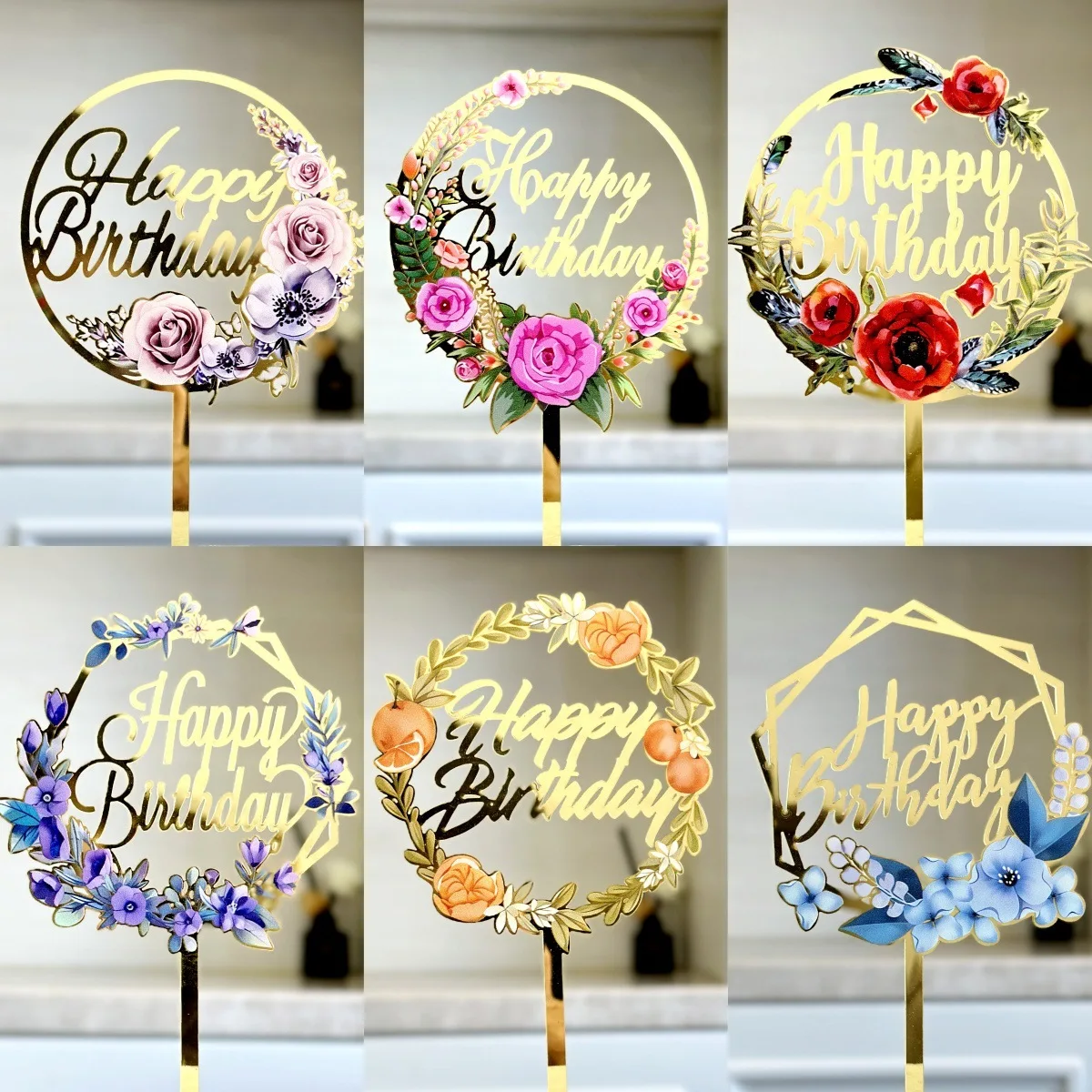 New Colorful Flowers Happy Birthday Party Cake Toppers Fruit Pattern Birthday Cake Topper for Kids Birthday Party Cake D